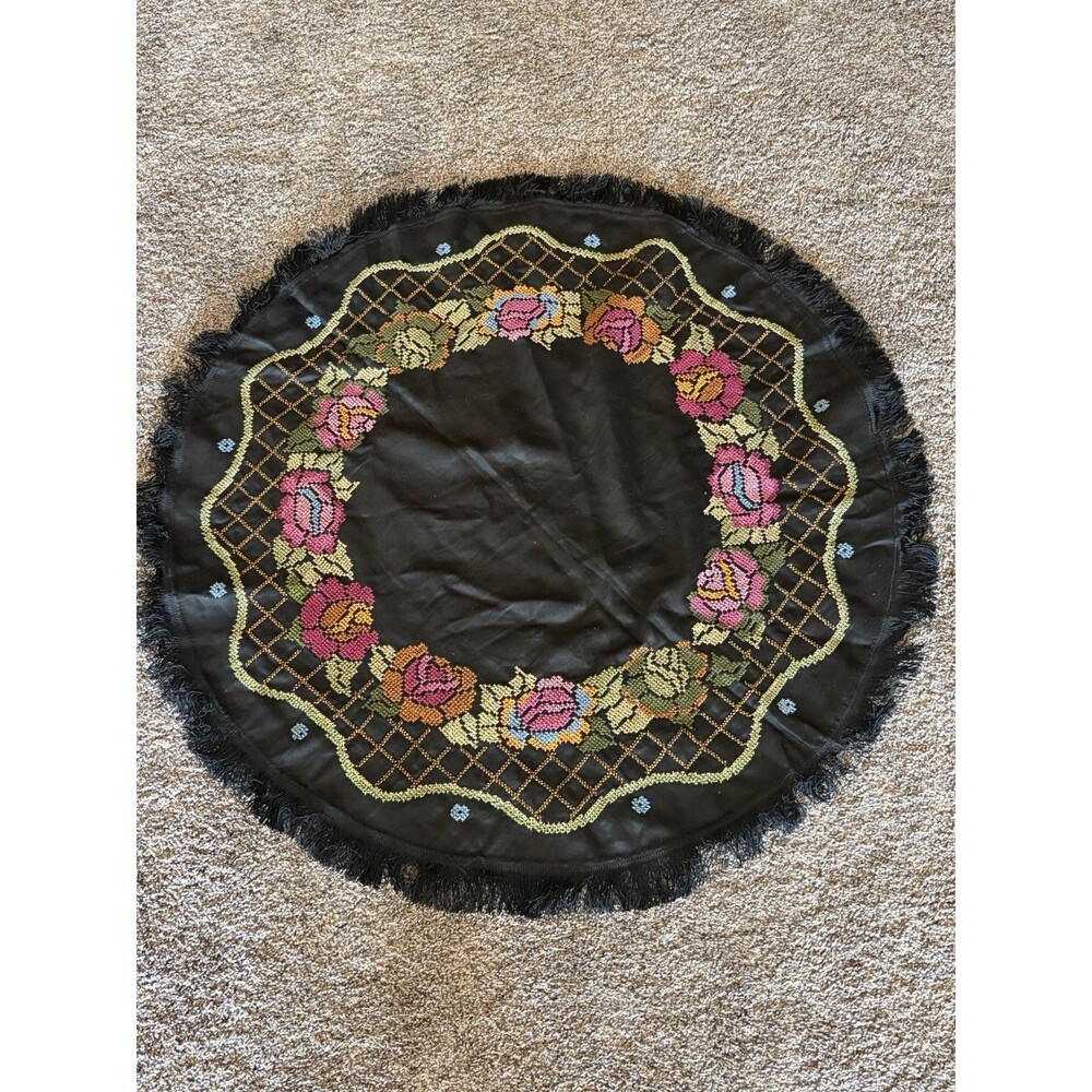 Vtg. Black Satin Multicolor Embroidered Flowers Fringe Tablecloth Round 35” Boho - Picture 4 of 14